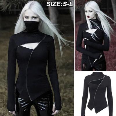 Gothkleding voor dames Shirt Tops Donkerzwart Masker met lange mouwen, opstaande kraag en ondershirt met diagonale ritssluiting
