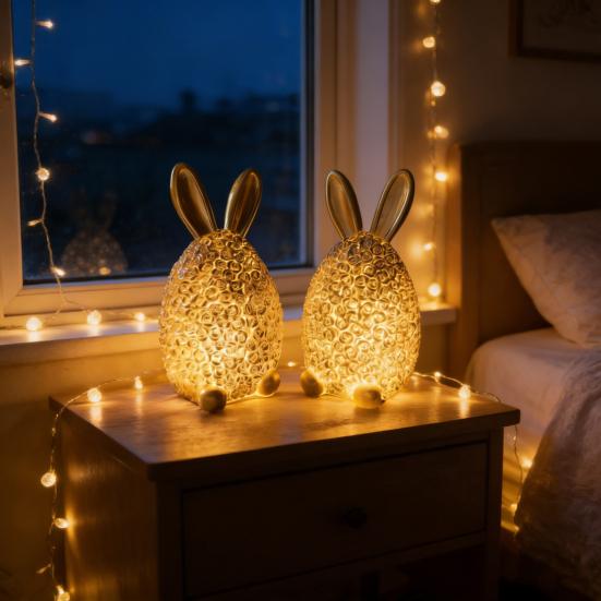 Rose Rabbit Figurine Resin Light-up Rabbit Ornament Easter Bunny Egg Figurine with LED Light for Home Party Decoration Holiday Gift