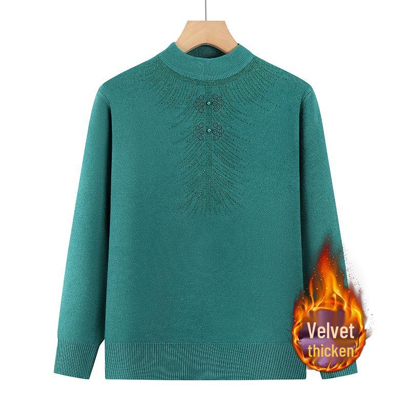 

Mom s Fleece-Lined Knit Sweater for Middle-Aged and Elderly Women - Warm Autumn/Winter Base Shirt 5XL for 145-155 lbs зелений