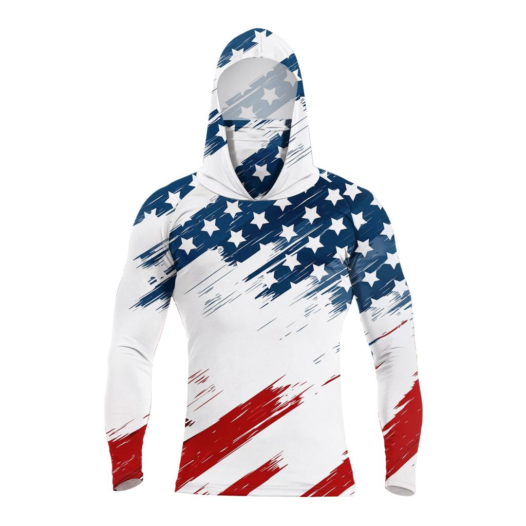 Men's Summer Casual Long Sleeve Hoodie Quick Dry Flag Print Sun Protection Shirt Fishing Fitness Sports Outdoor Wear