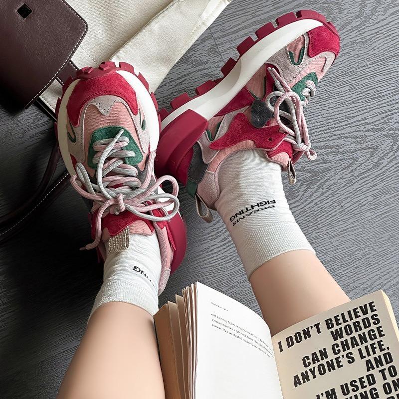 Thick-soled heightening dad shoes women's autumn new leather comfortable color matching fashion casual sports shoes trend