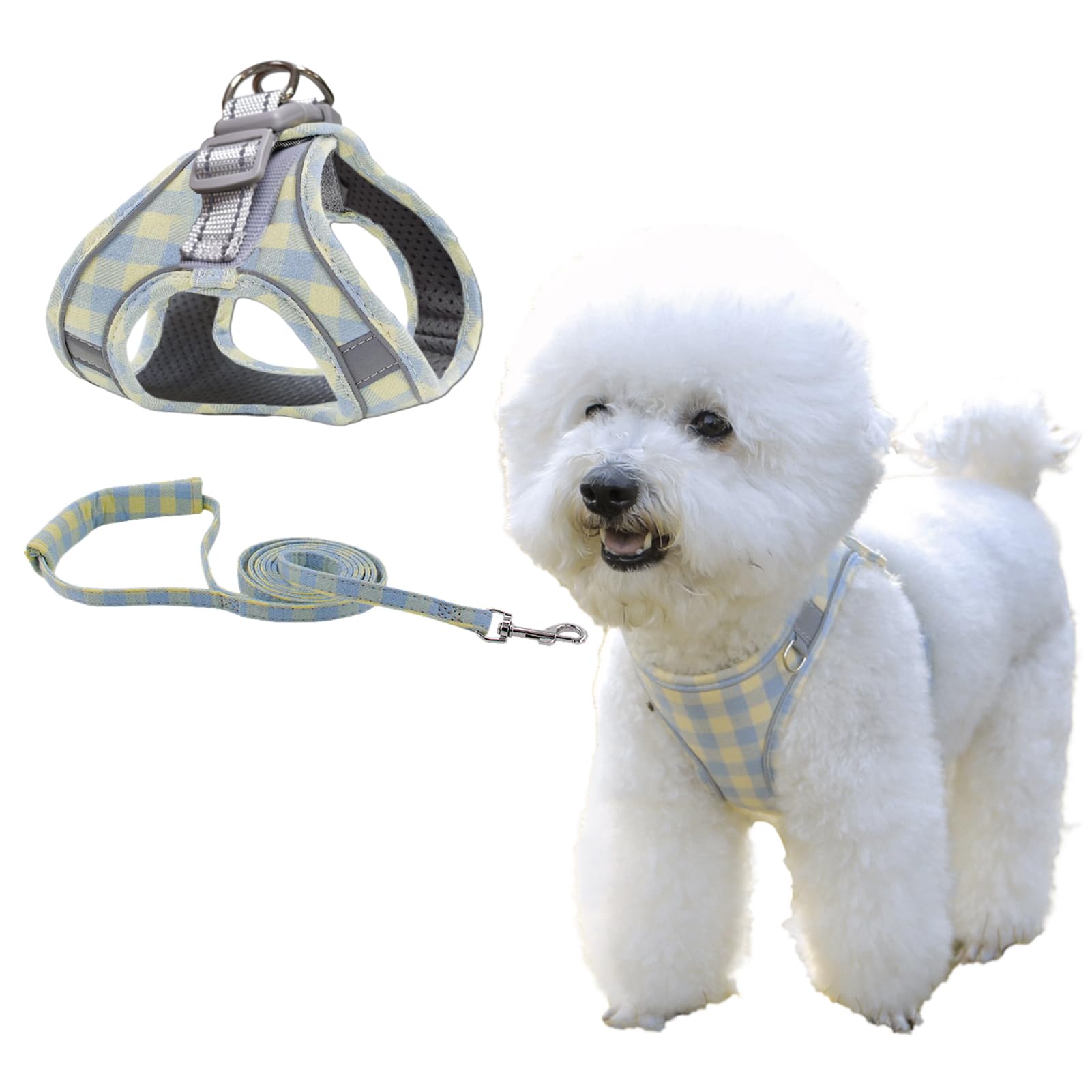 

KUVEELA PET Комплект шлейки и поводка для собак, регулируемая шлейка со светоотражающими элементами, легко надевается и снимается для выгула маленьких, средних и крупных собак, желтый и