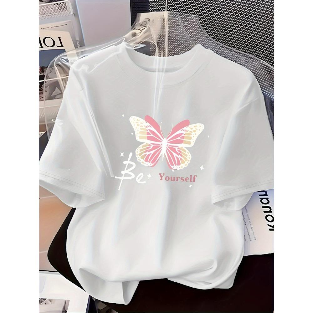 Women's Fashion Printed T-Shirt Pink Butterfly Pattern Soft Comfortable Printed Short Sleeve for Casual Fashionable