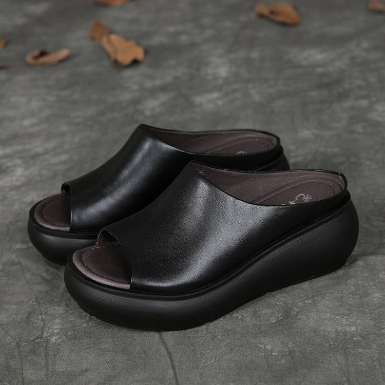 Summer wedge heel comfortable women's slippers thick-soled medium temperament outer wear leather slippers medium heel sandals