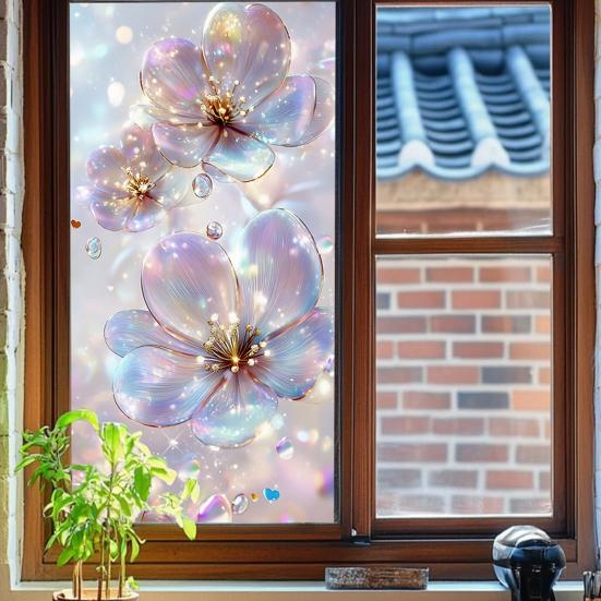 Flowers Window Privacy Film Stained Glass Tulip Butterfly Window Cling Static Glass Sticker for Home Kitchen Office Bathroom