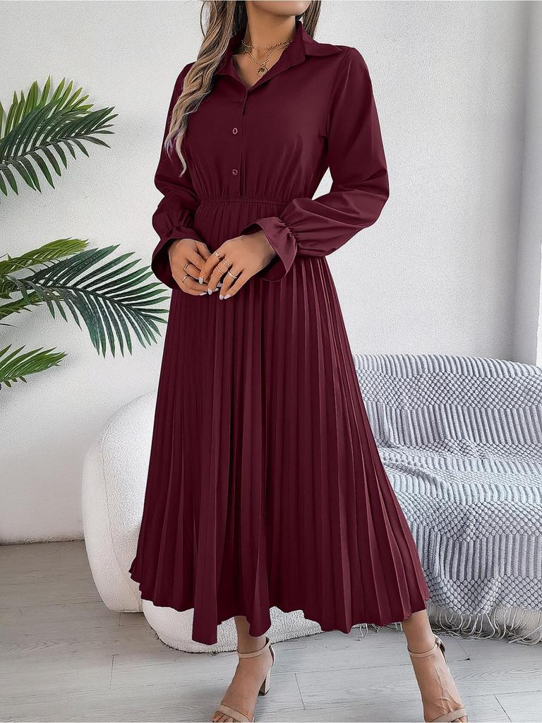 Abito a Colletto Reversibile Monocolore Abito Elegante Plissettato a Vita Alta per Donna Abiti Ampi a Maniche Lunghe Abito Casual