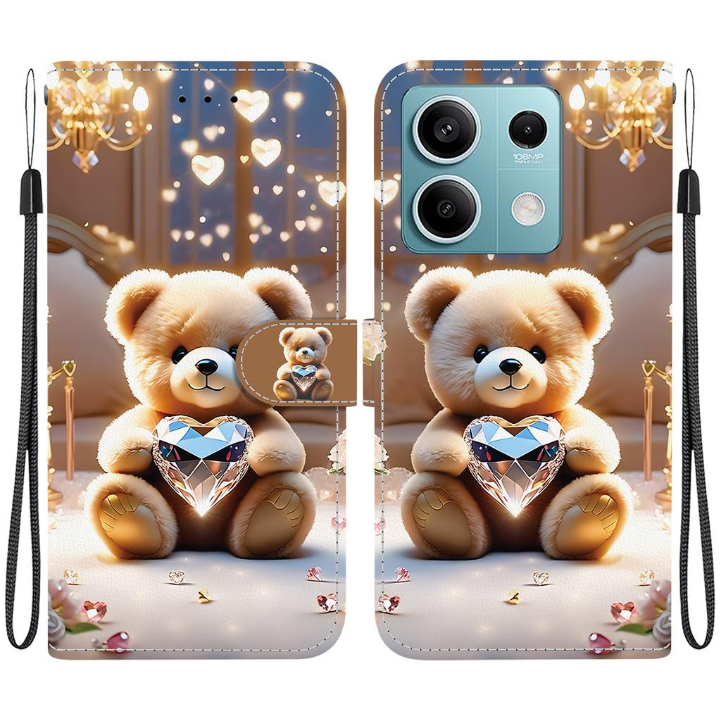 Handmade PU Leather Flip Case for Xiaomi Redmi Note 13 (5G) Anti-Slip Shockproof Cover with Wrist Strap & Heart/Rose Cat Designs