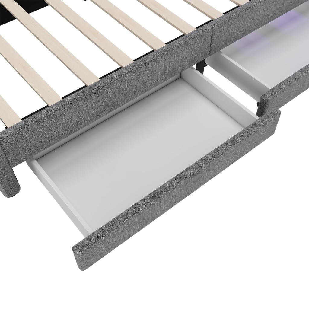 Schlafsofa Tagesbett 90x200cm, 2 Schubladen, 16-farbige LED, USB+Type-C, Ablagefach, Lattenrost, Leinen, Grau (ohne Matratze)