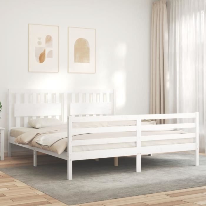 VidaXL Cadre de lit avec tête de lit blanc Super King bois massif 3194327
