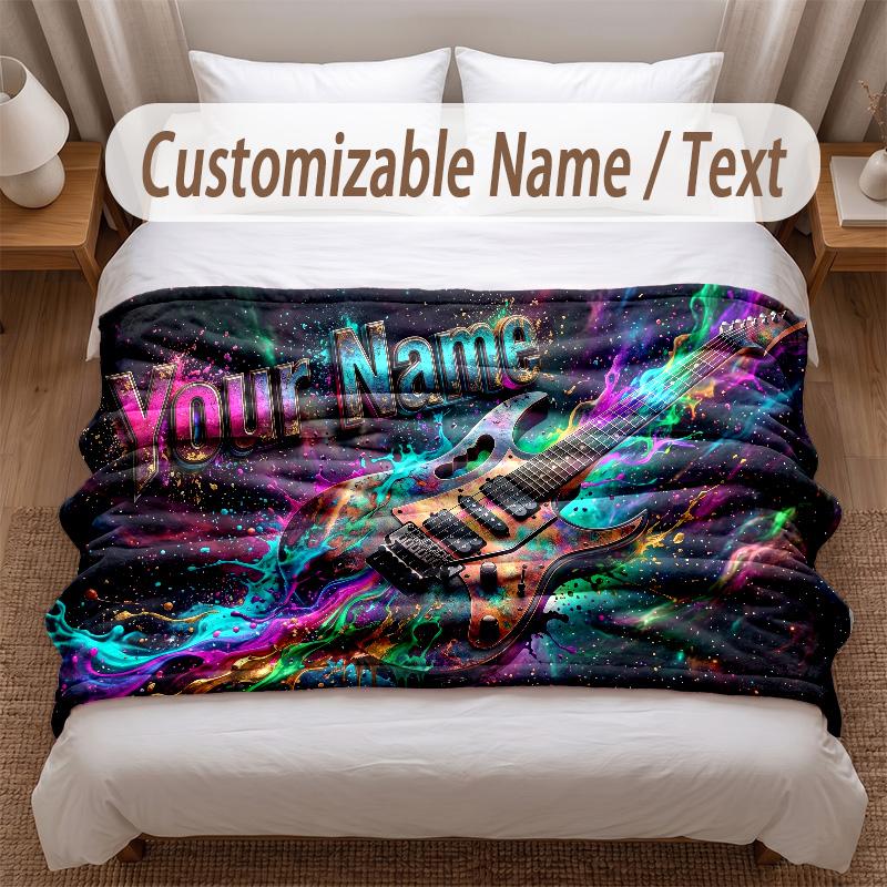 Music Guitar Theme Soft Blanket Personalized Custom Name Text Print Warm Blanket Home Sofa Bedroom Decor