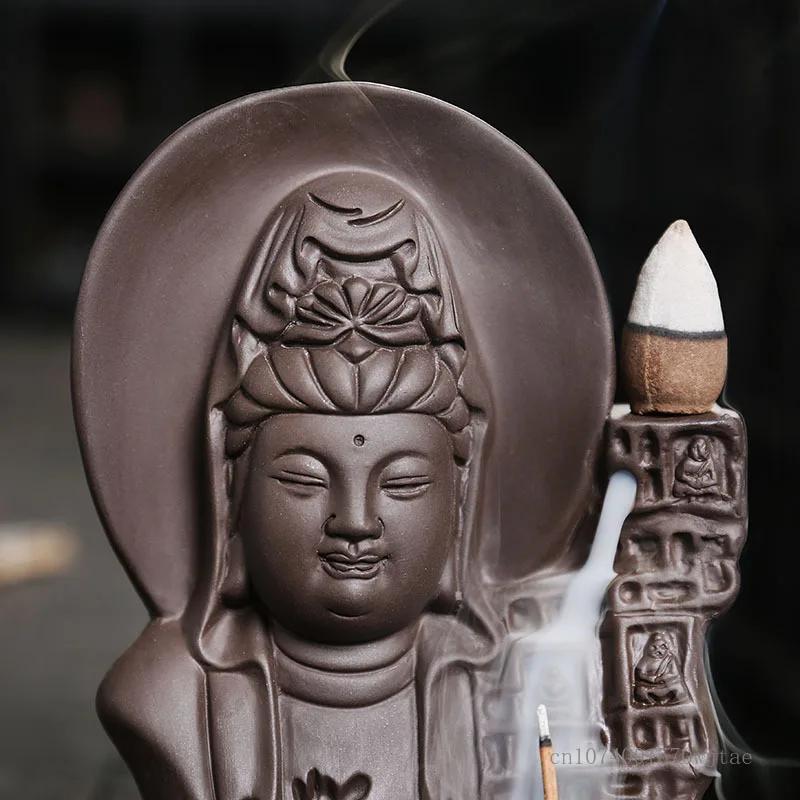 Chinese Style Backflow Incense Burner, Sculpture Purple Sand, Aromatherapy Furnace, Home Decor, Tibetan Buddha, Bodhisattva, 1Pc