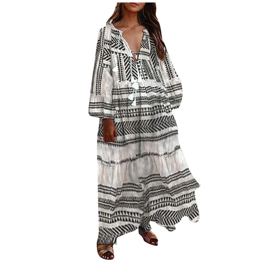 Women's Fashion Casual Bohemian Style V-Neck Long Sleeve Long Dresses Dresses