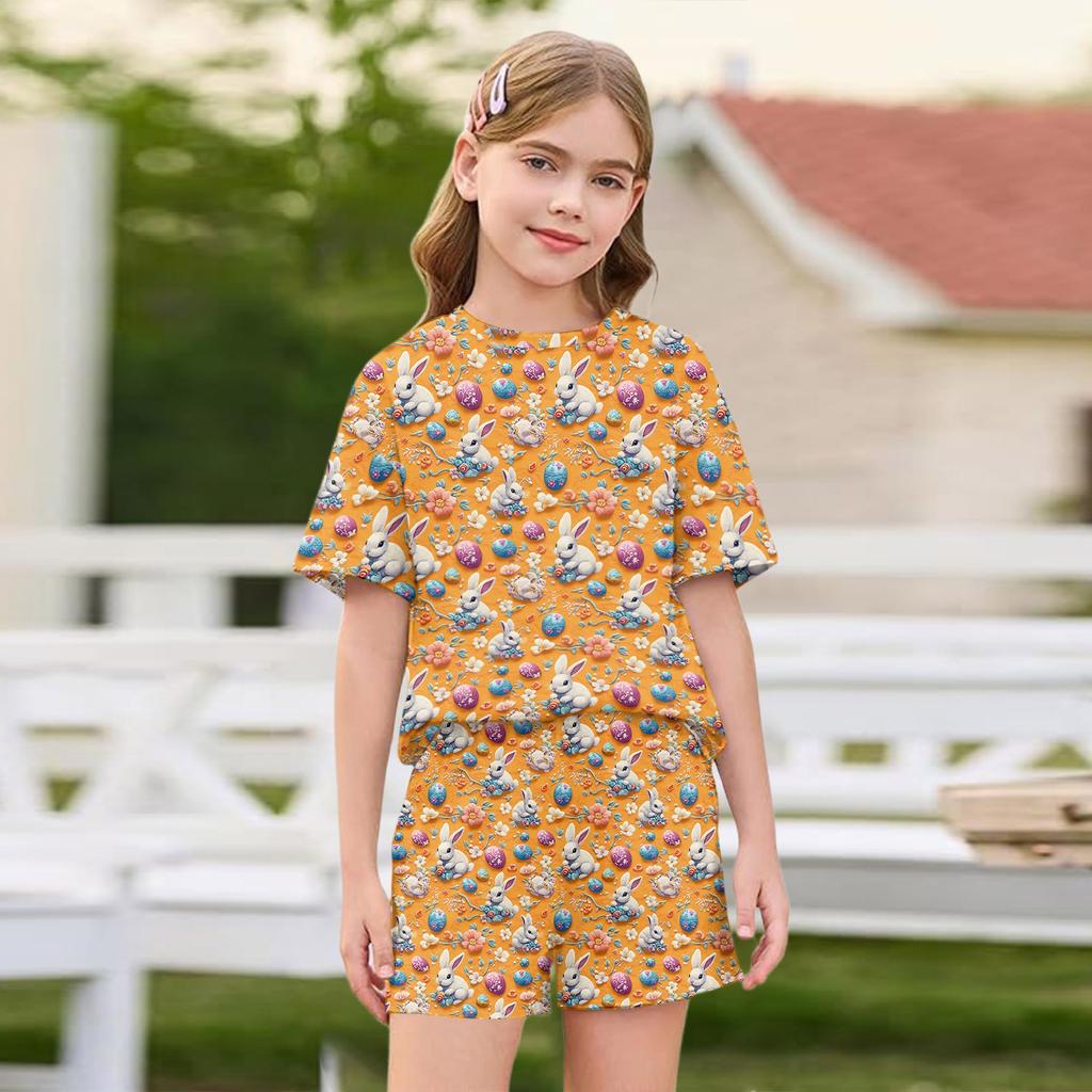 Kid Patriotic Outfit - Short Sleeve & Shorts 2-Piece Set For Girl Easter Day