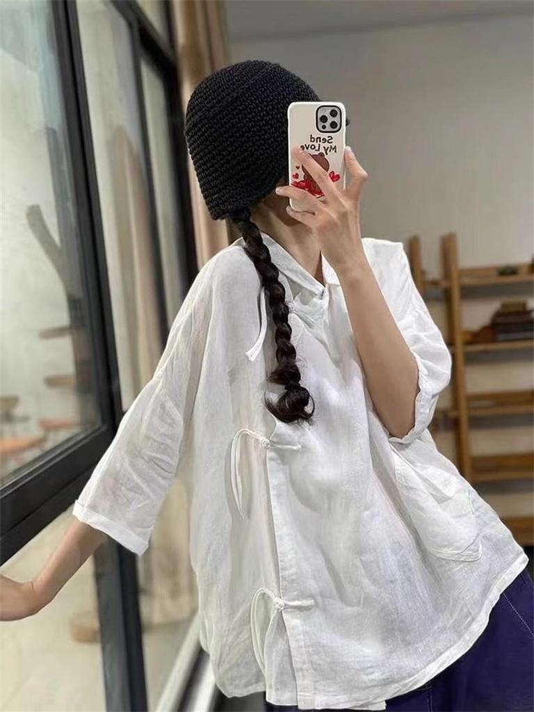 Women's Chinese Style Three-Quarter Sleeve Linen Shirt with Frog Button for Tea Ceremony