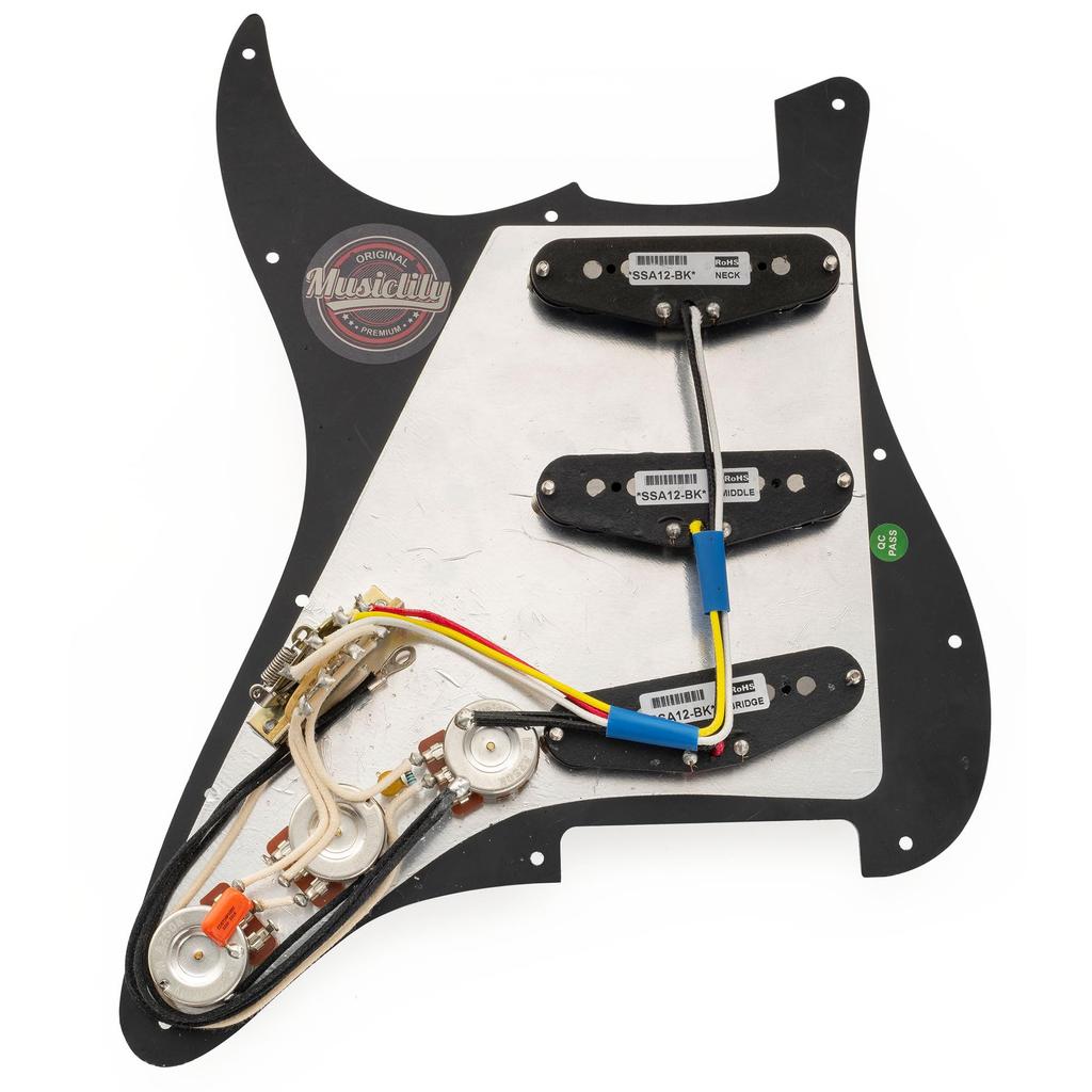 Musiclily Pro SSS Stratocaster Wired Pickguard for Stratocaster Electric Guitars with Artec Staggered Alnico 5 Single Coil Black 3P Pickups,