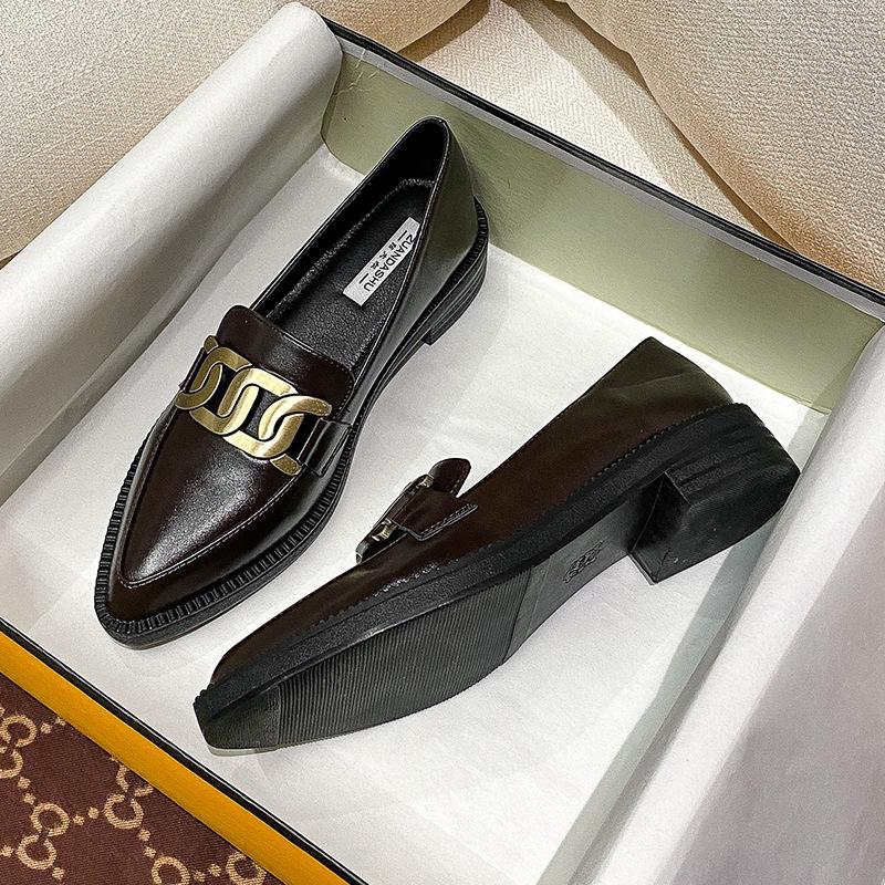 Fashion British Metal Chain Small Leather Shoes Women Oxfords Sneakers Derbies Shallow Pointed Toe Thick Heels Loafers Ladies Flats 2025