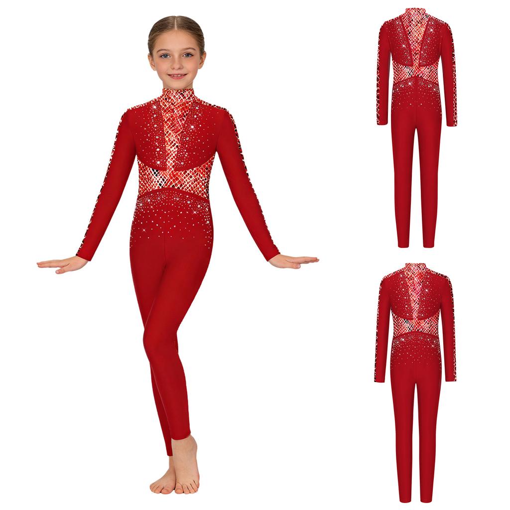 Girls Gymnastics Long Sleeve Leotard Shiny Sequins Rhinestones Back Invisible Zipper Full Body Ballet Figure Skating Performance