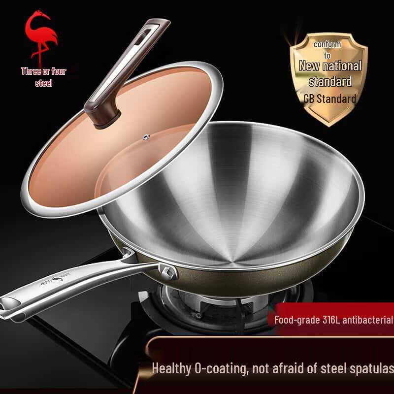 Food-Grade 304/316L Stainless Steel Induction Wok, Non-Stick, Round Bottom, No Coating