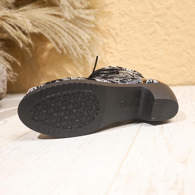 Autumn New Thick Heel Single Boot Fashion Round Head Front Lace-up Printed Women's Boots Classics Soft Sole Non-slip Ankle Boots