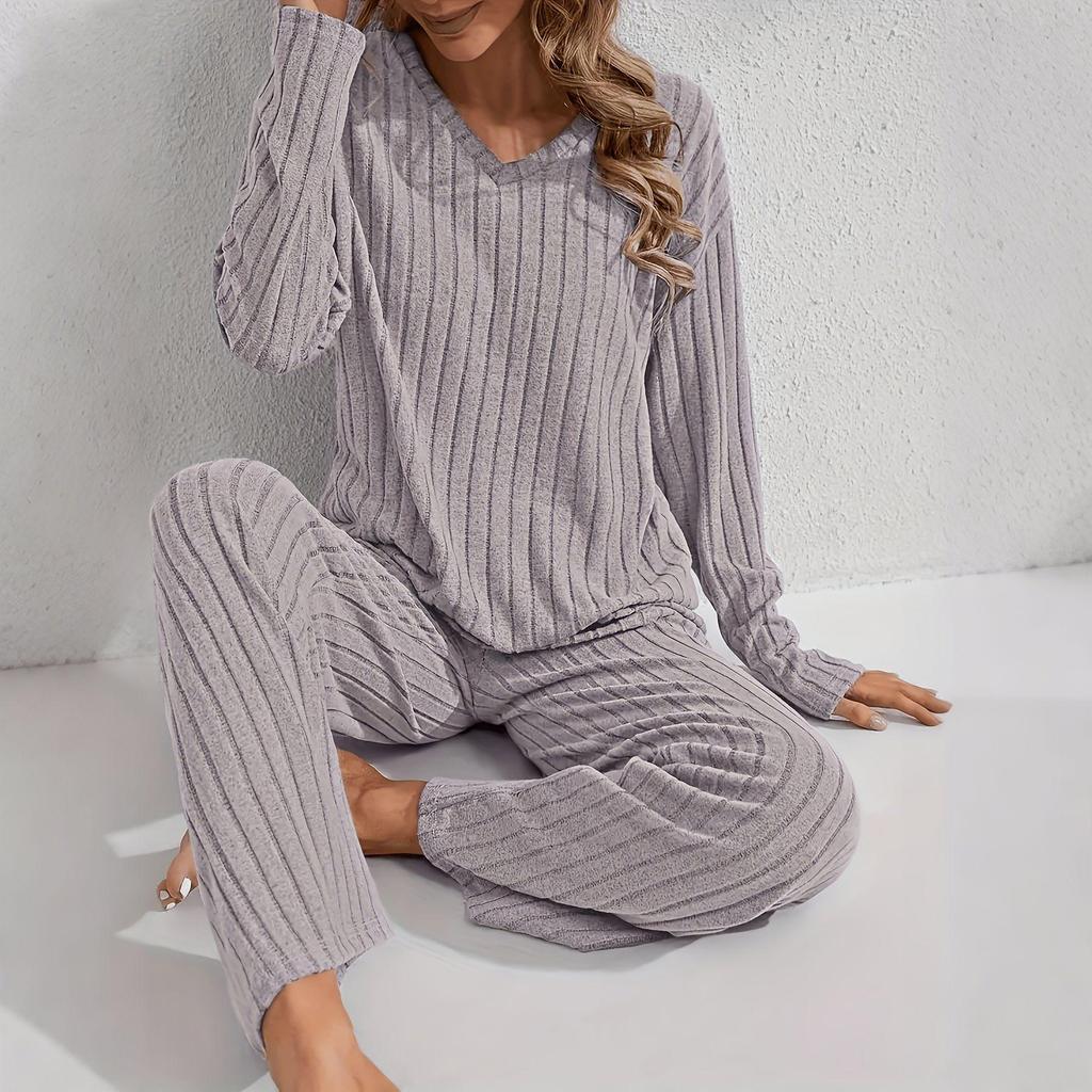Cozy Striped Plush V-Neck Top & Casual Pants Pajama Set for Autumn/Winter