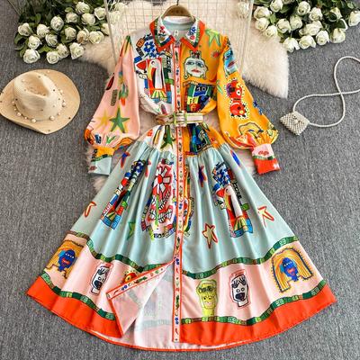 Frühling Herbst Damen Marke Designer Print Laufstegkleid Umlegekragen Hemd Feiertagsparty Kleider