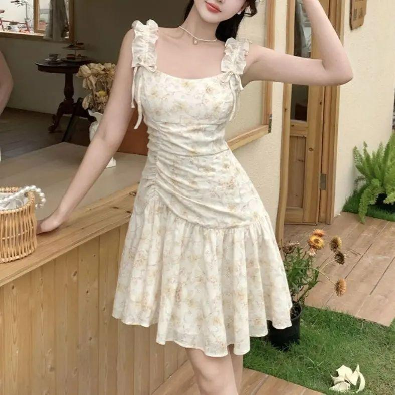 

French temperament suspender skirt summer new floral dress women s waist small looking thin suspender skirt short skirt S