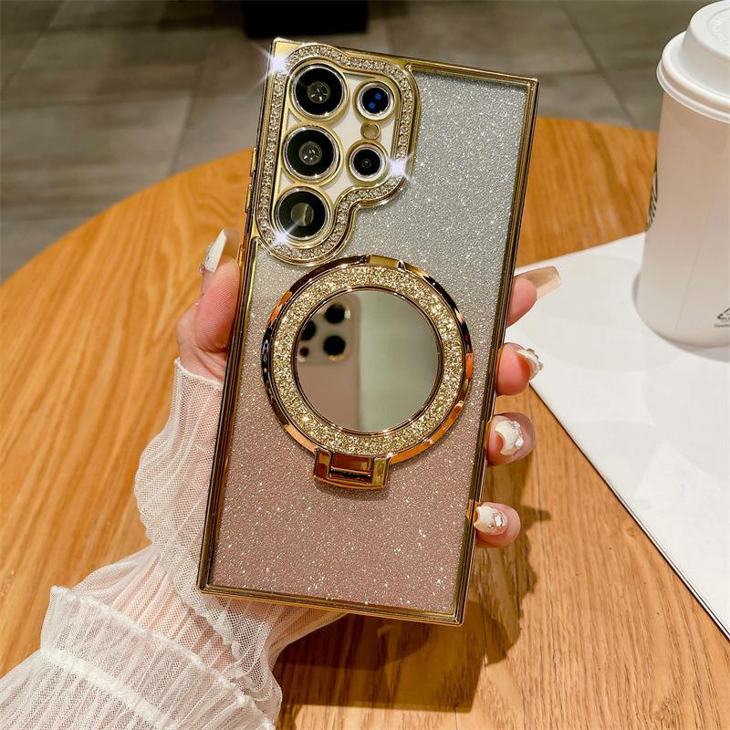 Applicable to Samsung S26Ultra mobile phone case, rhinestone glitter powder, magnetic mirror bracket S25 anti-drop soft case A56