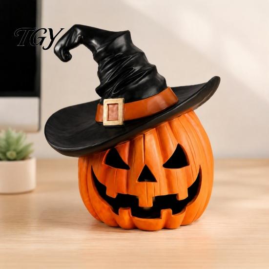 Beschwerte Vollharzfiguren Halloween Kürbis Ornament mit Hexenhut, Jack O Lantern Dekorative Lampe, Gruselige Skript Killing Requisiten Spooky