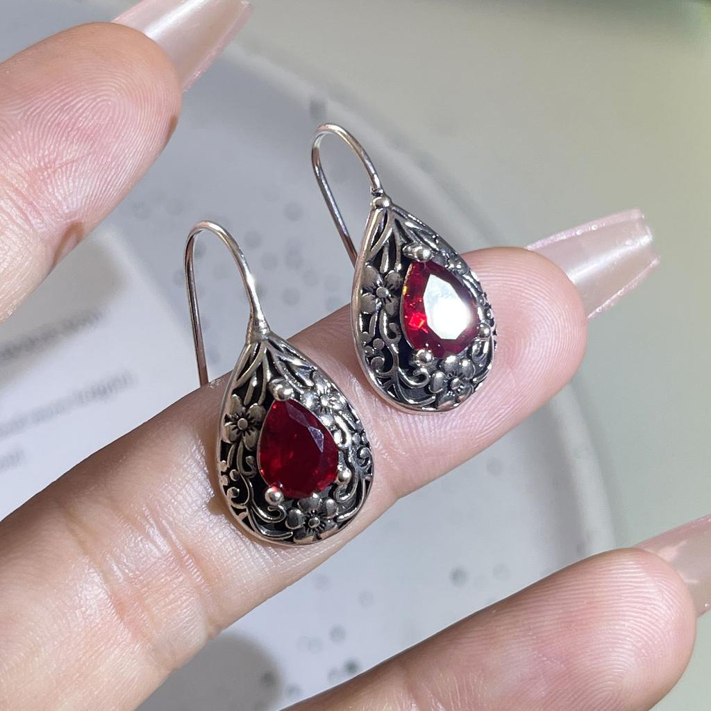 BF CLUB 925 Sterling Silver Vintage Earrings For Women Vintage Red Zircon Earring Jewelry Prevent Allergy Party Accessories Gift