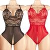 Sexy Crotchless Nightwear Women Lace Floral Transparent Pajamas Set Y2K Costumes Teddy Bodysuits Deep V Neck Erotic Pajama Sets