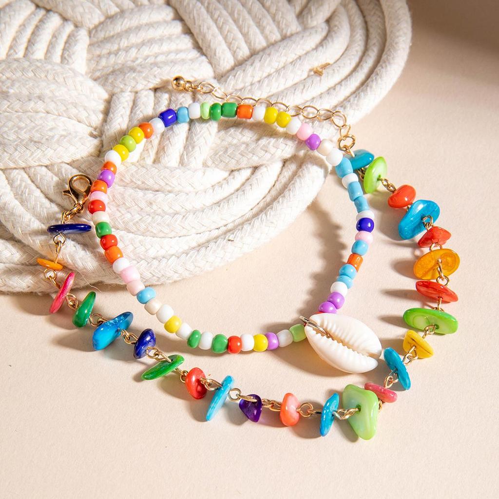 2 SZT. Boho Fashion Kolor Muszli Koraliki Bransoletka na Kostkę Zestaw Biżuteria dla Kobiet Wakacje na Plaży Dopaminowy Łańcuszek na Kostkę Ręcznie Robiona Biżuteria