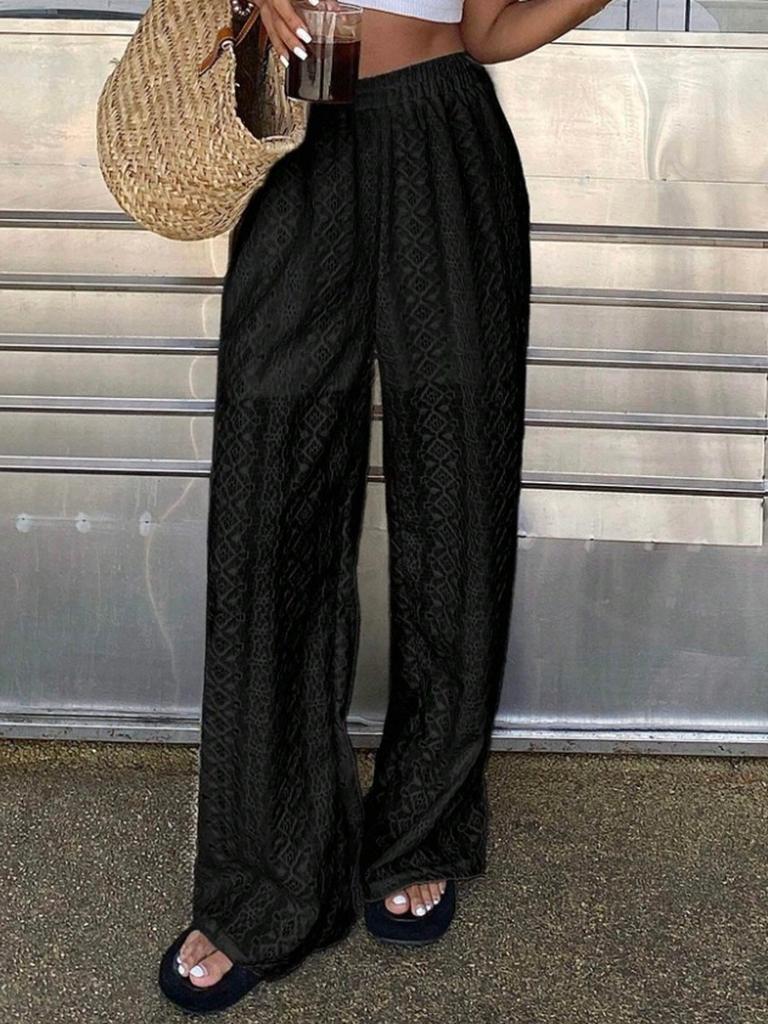 Women's Summer Solid Hollow Embroidered Loose Waist Elastic Long Pants Casual Versatile