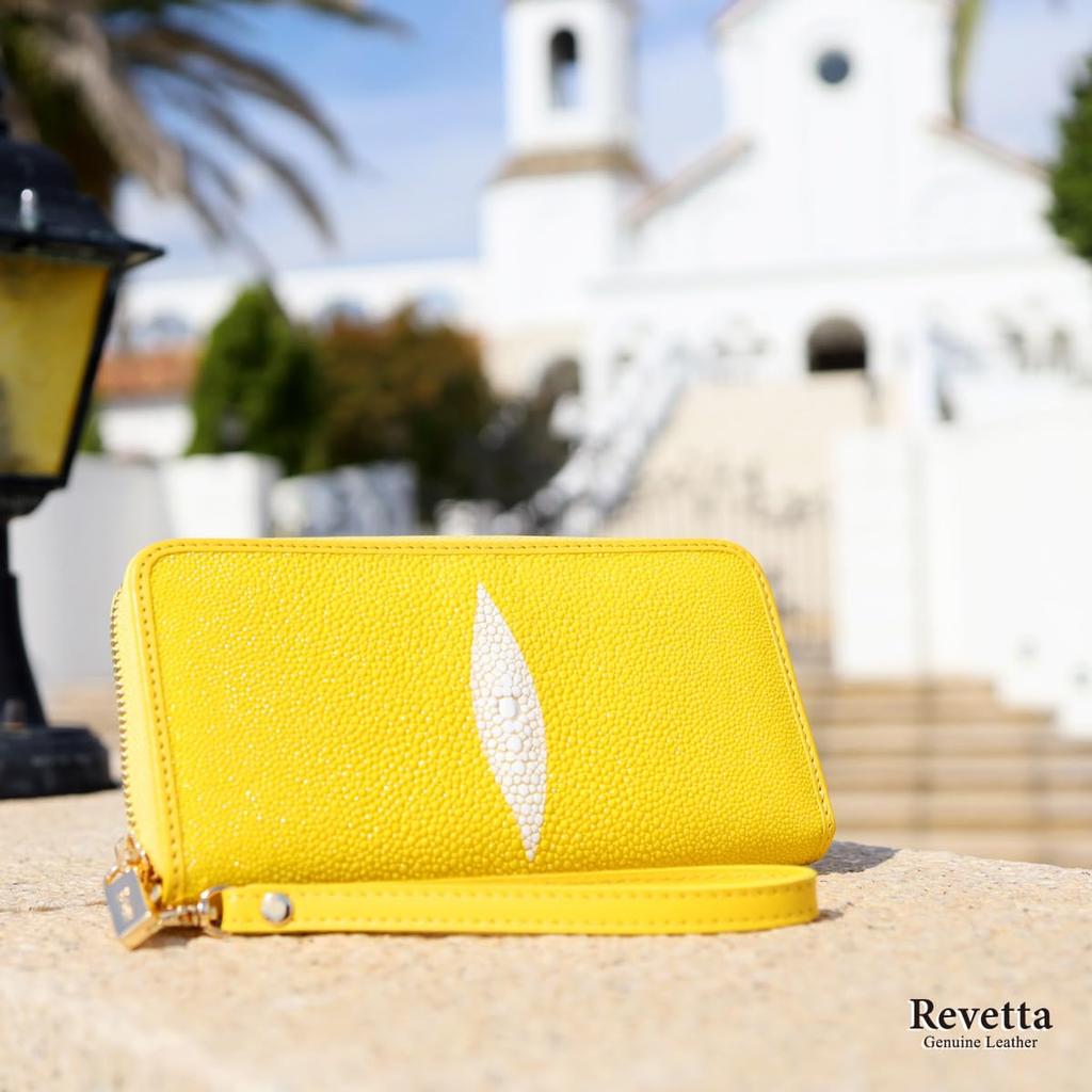 [Revetta] Stingray Leather Long Wallet, Yellow, Caviar Pearl Finish, Round Zipper, Genuine Leather, Women's, with Strap [233stw-2]