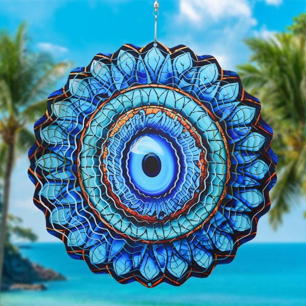 Kinetic Metal Evil Eye Wind Spinner - Intricate Blue & Turquoise Stained Glass Design - Versatile Indoor/Outdoor Art for Garden, Patio