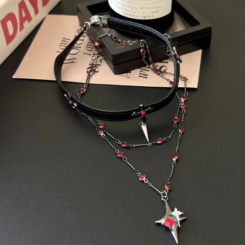 Punk Dark Black Cross Stars Pendant Necklace for Women Men Hiphop Cool Red Crystal Leather Choker Necklace Party Jewelry Gifts