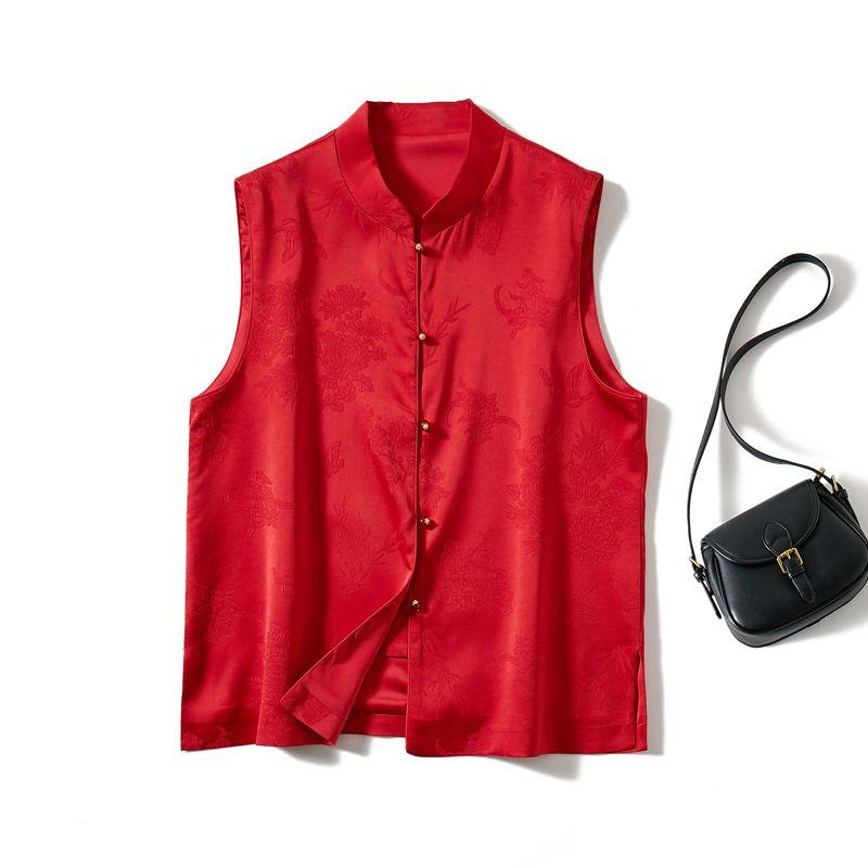 

Show White and Red Stereo Digital Printing! Women Satin Cotton Small Stand Collar Single-Breasted Vest Stacked Four Seasons Vest Outerwear Red L