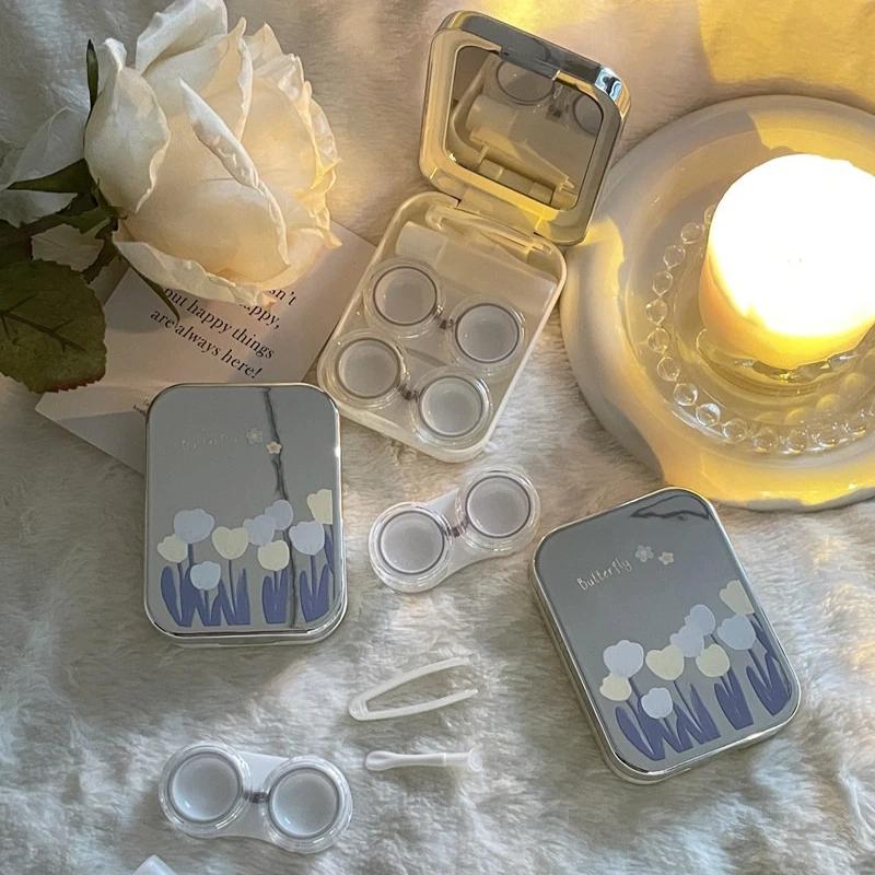 Fashion Silver Floral Contact Lens Case Women Cosmetic Lens Container Portable Travel Set Beauty Pupil Lens Storage Case