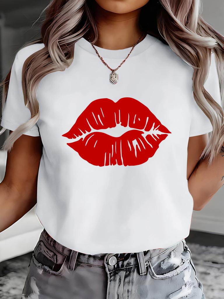 Red Lip Print Pattern Sexy Lips Design Suitable for Printed Decoration Print Crewneck Shortsleeve Tshirt Unisexs Comfortable