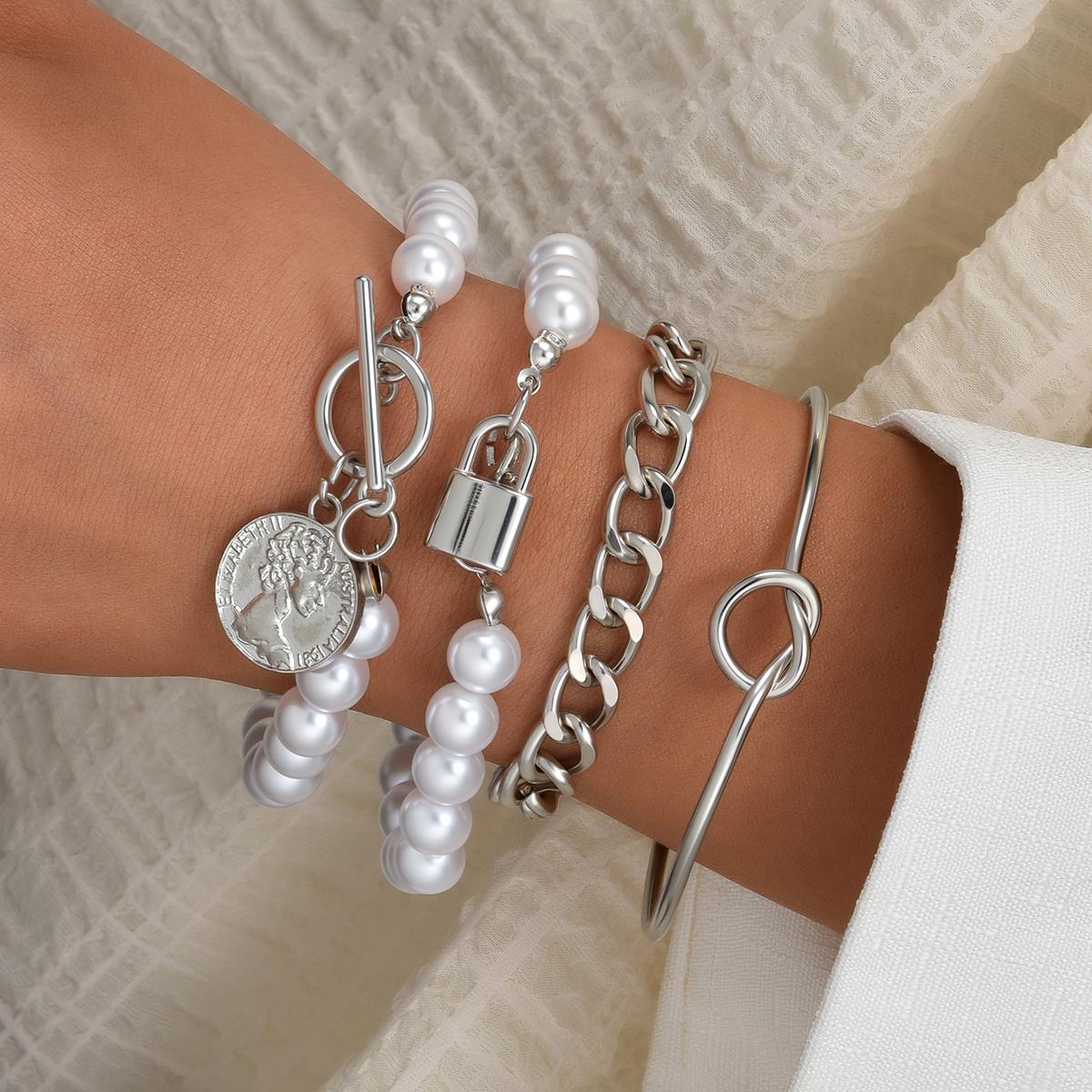 

4pcs Boho Imitation Pearl Chain Lock Coin Pendant Bracelets Set for Women Vintage Snake Link Bangles Couple Wrist Jewelry Gifts
