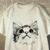 2025 Summer Cotton Casual Womens Tshirt Cute Cat Smile Print Tshirt Loose Large Size Popular Street Y2K Short Sleeve Girls