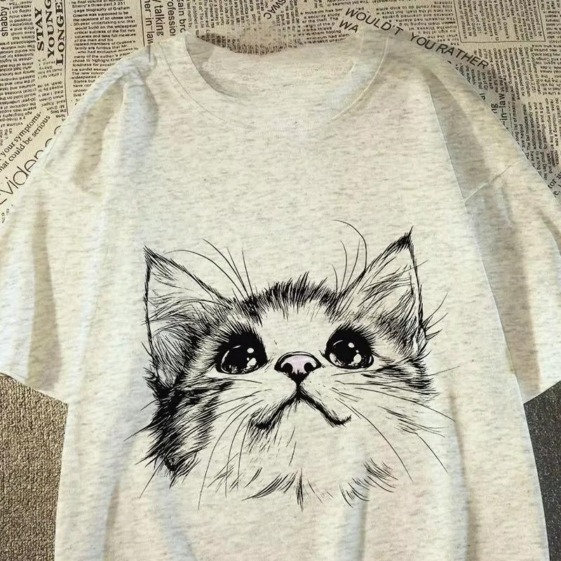 

2025 Summer Cotton Casual Womens Tshirt Cute Cat Smile Print Tshirt Loose Large Size Popular Street Y2K Short Sleeve Girls 4XL