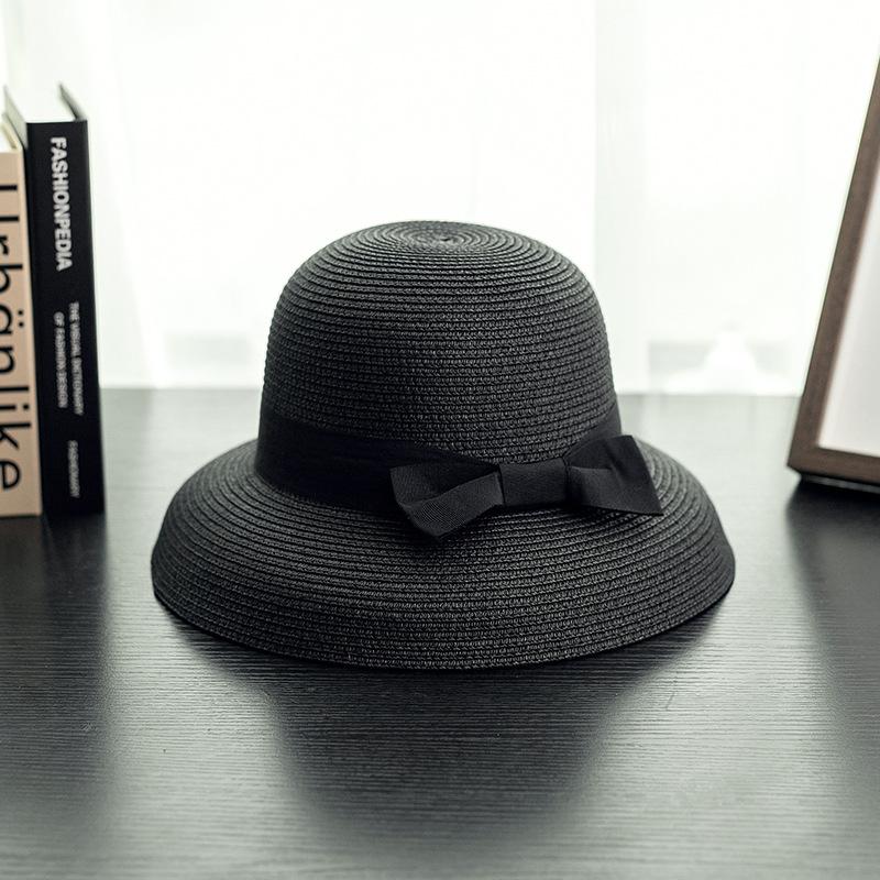 Black Ribbon Bowknot Straw Hat Classic Solid Color Sun Hats Elegant Summer Travel Beach Hats for Women Daily Use