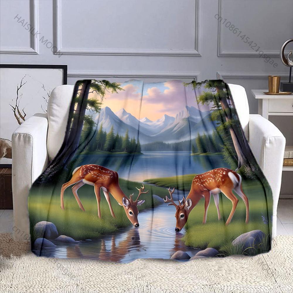 

Two Fawns Drinking Water in The Forest Blanket Warm Soft for Sofa Bed Home Travel Camping Blanket All Seasons Holiday Gifts 75x90cm