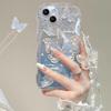 For iPhone 14 Plus Wave Frame Shape TPU Phone Case Butterfly Pattern Gradient Bling Glitter Cover with Chain
