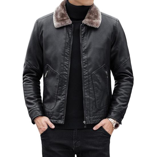 Men Imitation Leather Jacket with Velvet Lining Lapel Long Sleeve Zipper Placket Solid Color Autumn Winter Coat