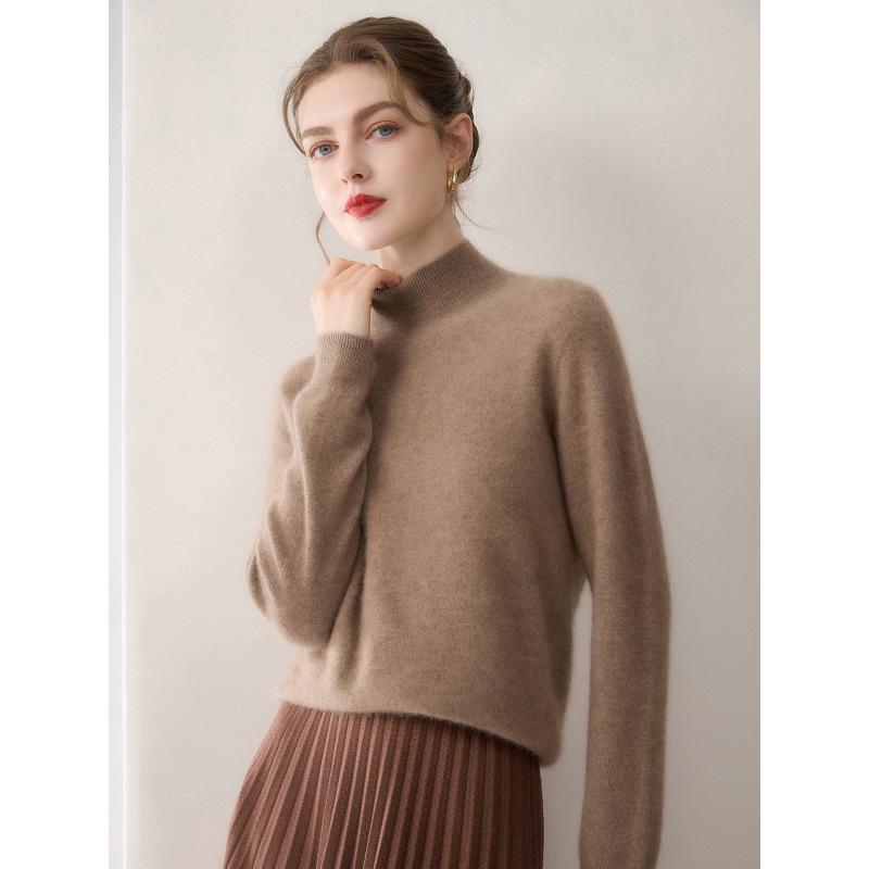 Women's 100% Cashmere Half-High Collar Sweater - Solid Color, Warm, Versatile Knit Top