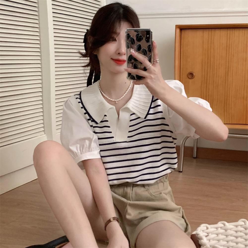 

Женский трикотажный топ с V-образным вырезом и короткими рукавами в полоску - Лето 2025 One size (suggested for weight under 125 jin)