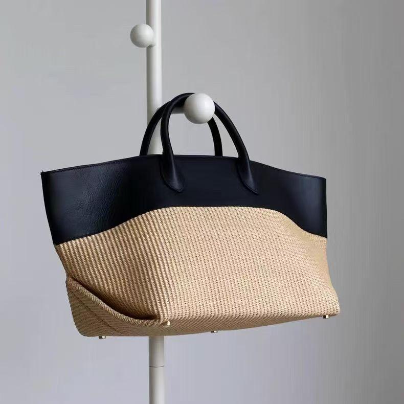 New Beach Bag, Fashionable Vacation Style, Color Blocking Splicing Grass Woven Bag, Large Capacity Portable Tote Bag