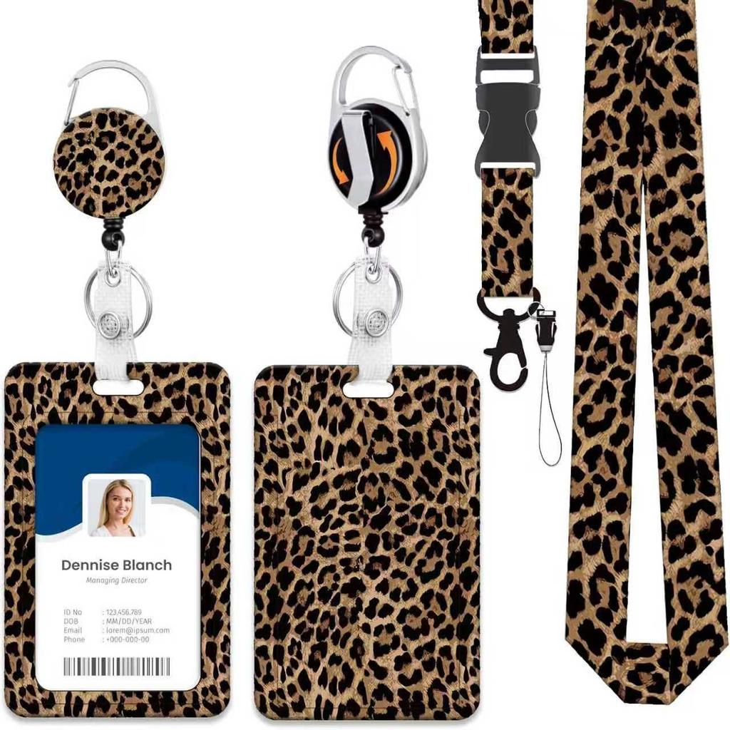 Leopard Print ID Badge Holder with Lanyard Retractable Badge Reel Belt Keychain Lanyards Clip Vertical ID Card Cover Sleeve Case