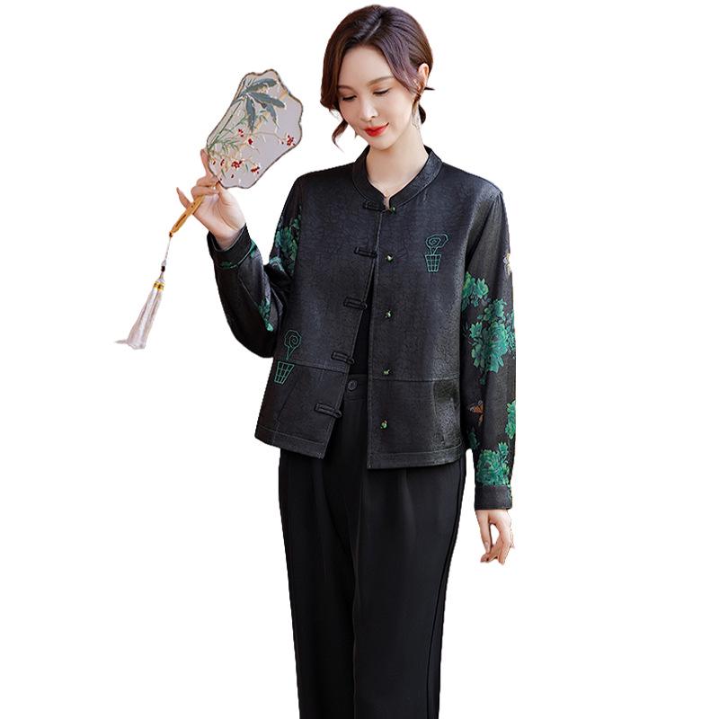 Mom's Stylish Faux Leather Jacket: Autumn Long Sleeve Print for Middle-Aged & Elderly Women
